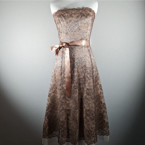 BCBGMAXAZRIA Bronze Metallic Cocktail Lace Strapless Dress Women's Size 2 - Picture 1 of 8